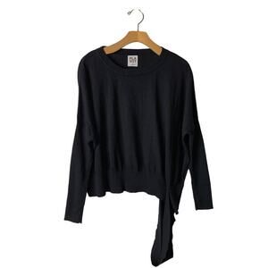PLANET by Lauren G Black Pima Oversized Crewneck Ribbed Sweater One Size